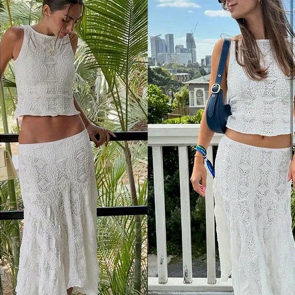 Elegant White Lace Skirt and Top Set.